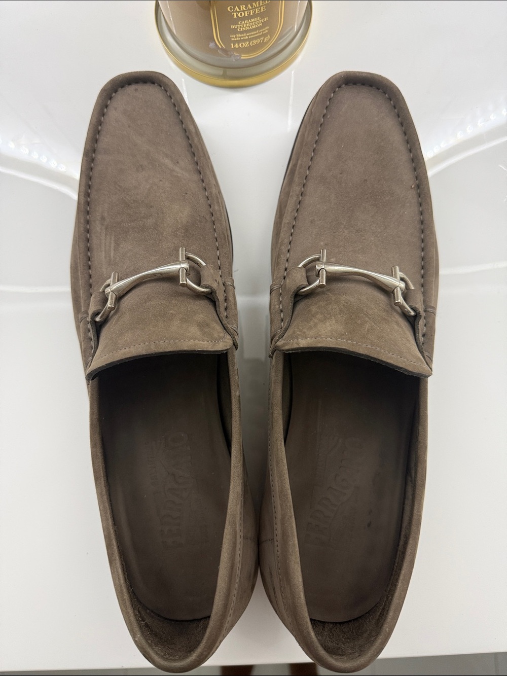 Taupe Ferragamo Suede Bit Loafers - Sleek Slip-On Dress Loafer